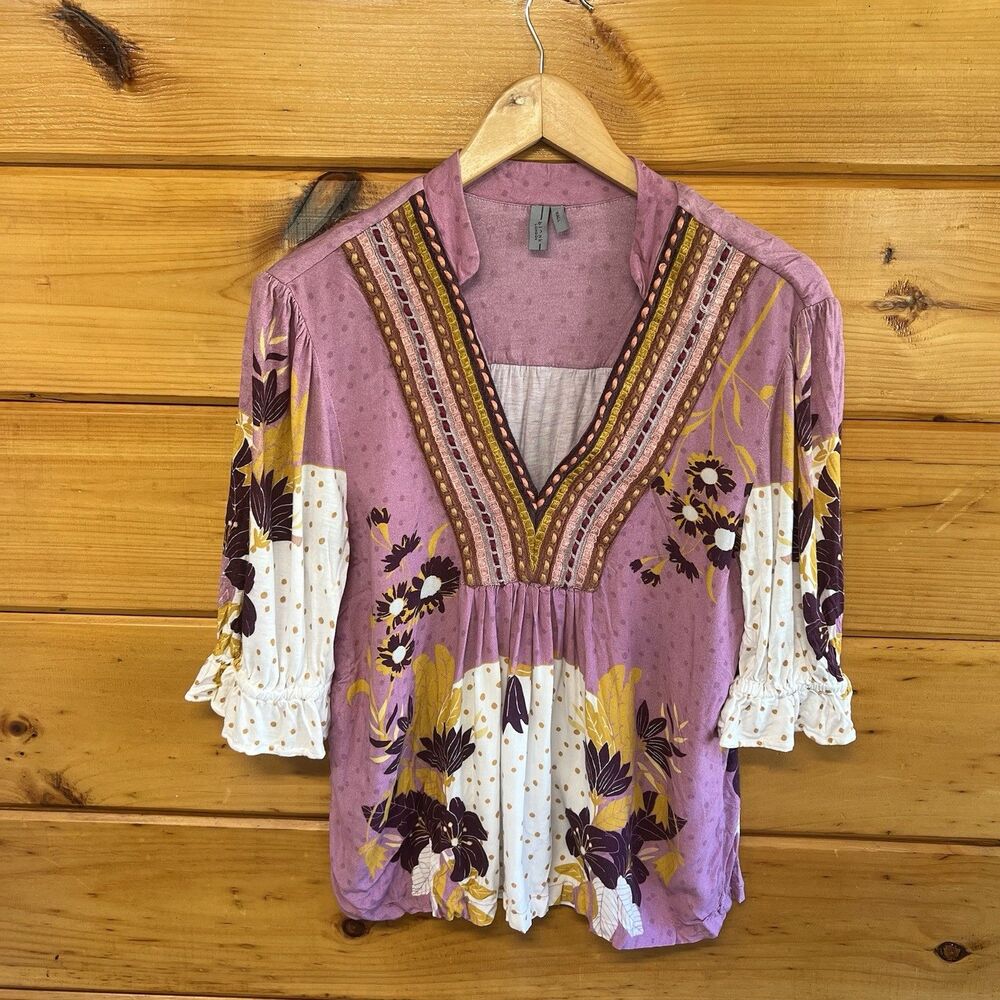 BL^NK LONDON ANTHROPOLOGIE Stephanie Top S Floral Boho V Neck Peasant Purple